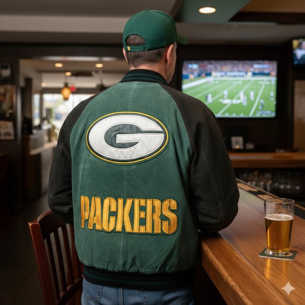 Green Bay Packers NFL Green Leather Varsity Jacket XL Embroidered Logos Vintage